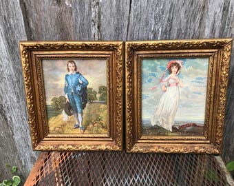 Pair of Vintage Gold Painted Wood Framed Pinkie and Blue Boy Pictures