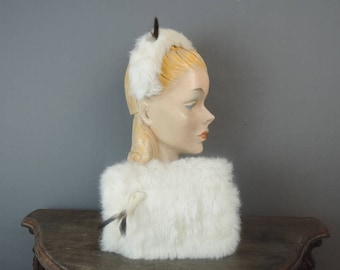 Little Girl's Vintage Fur Muff and Band Hat, 1960s White Rabbit Fur