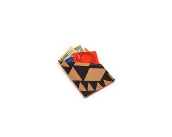 mini wallet • black and brown geometric wallet - small credit card wallet • leather blend wallet - triangle print - business card holder