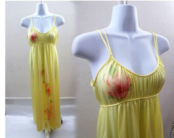 60s Vintage Nightie Size S Yellow Pink Floral Nylon Nightgown Negligee 70s