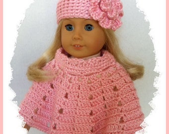 Doll Clothes Made To Fit American Girl, Crochet Poncho Set Flower Hat, LIGHT PINK, Handmade