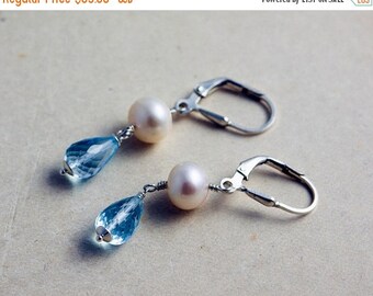 Pearl Earrings, Drop Earrings, June Birthstone, Dangle Earrings, Topaz Earrings, Sterling Silver, PoleStar, Sky Blue, December Birthstone
