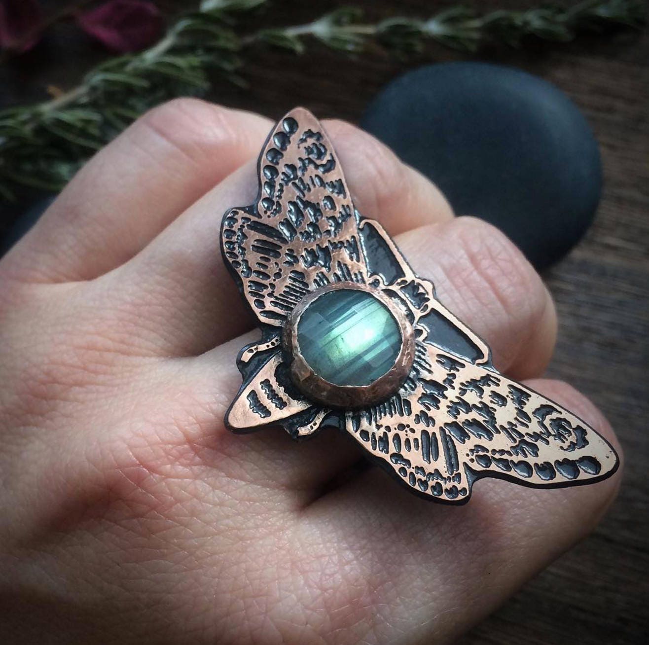 Moth Ring with Labradorite Copper Insect Jewelry based on