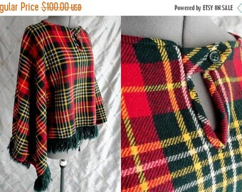 ON SALE 60s Poncho // Bobbie Brooks // Vintage 1960's Red Green Plaid Poncho by Bobbie Brooks One Size Fringed
