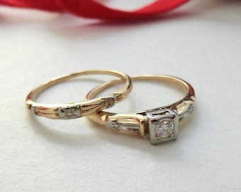 vintage diamond engagement wedding ring set 14k 18k gold and white gold bridal ring set - Platinum Wedding Ring Sets vintage diamond engagement wedding ring set 14k 18k gold and white gold bridal ring set - Platinum Wedding Ring Sets