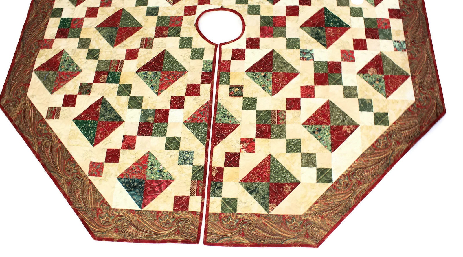 Quilted Christmas Tree Skirt Red Green Cream Jewel Box Tree