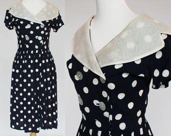50's Navy & White Polka Dot Rayon Dress / White Organdy Collar / Pleated Skirt / XSmall to Small