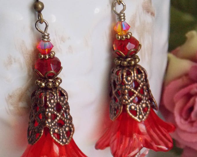 Dangle Flower Earrings Red Victorian Earrings Copper Brass Swarovski Crystal Fire Opal Mixed Earrings Holiday Jewelry Vintage Style Gift Dangle Flower Earrings Red Victorian Earrings Copper Brass Swarovski Crystal Fire Opal Mixed Earrings Holiday Jewelry Vintage Style Gift