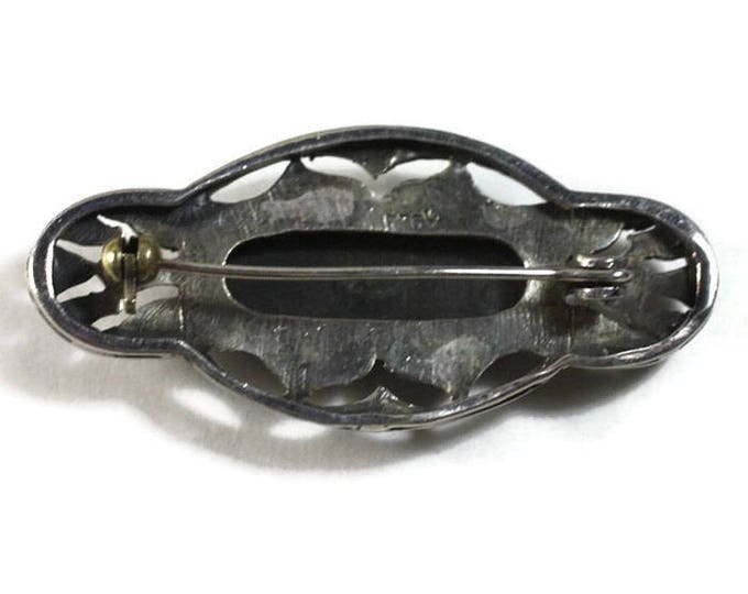 Art Deco Style Black Cabochon Brooch Marcasites Sterling Silver Oval Shape Cut Outs Vintage