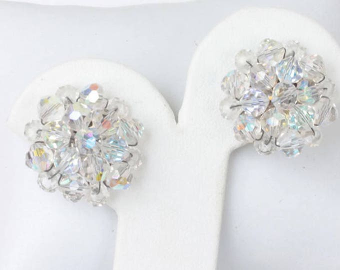 Aurora Borealis Crystal Cluster Bead Earrings Clip On Style Vintage