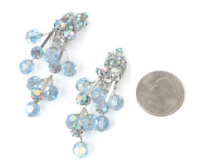 Blue AB Crystal Dangle Earrings Rhinestones Chandelier Wedding Something Blue Vintage