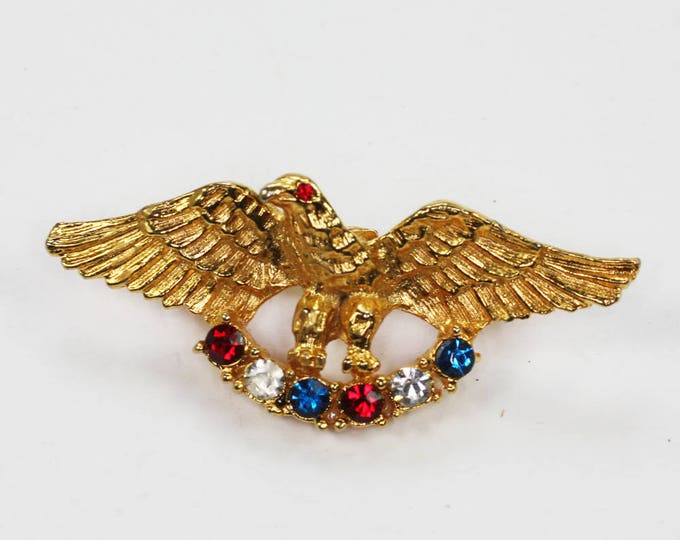 Patriotic Eagle Pin Red White and Blue Rhinestones Gold Tone USA Vintage