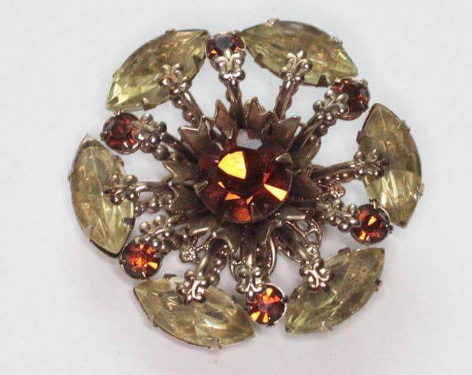 Rhinestone Brooch Golden Brown and Yellow Stones Atomic Style 1950s Vintage