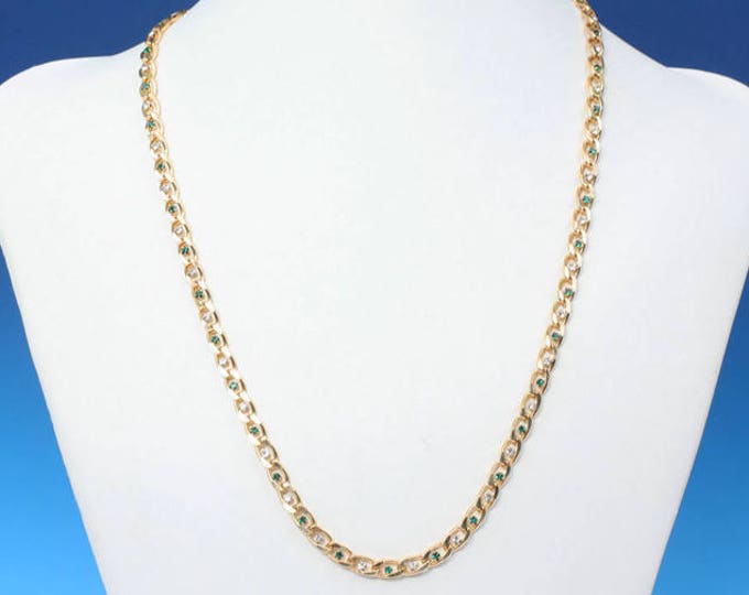 Green and Clear Rhinestone Necklace Curb Link Chain Gold Tone Vintage