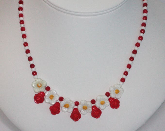 Red and White Floral Bead Necklace Czech Bohemian New Old Stock