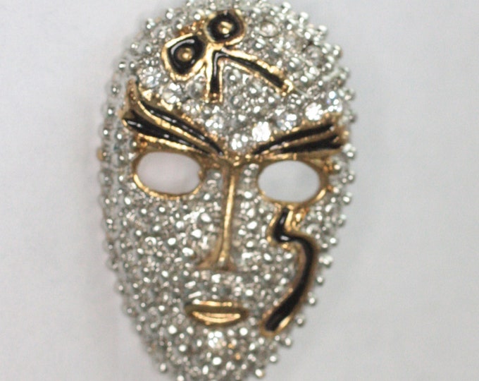 Vintage Face Mask Pin Brooch Rhinestones Gold and Silver Tone Mask Pin