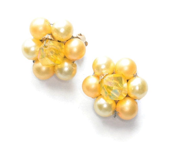 Yellow Faux Pearl Cluster Earrings Aurora Borealis Bead Accent Signed Hong Kong Mid Century Jewelry