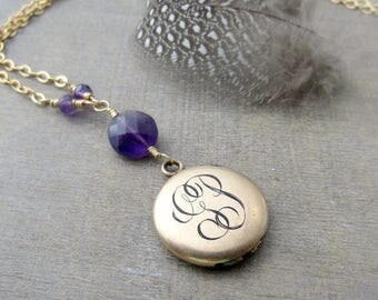VACATION SALE Antique Locket, Gold Locket Necklace, Amethyst Locket, February Birthstone Locket Pendant, Vintage Locket, Gold Photo Locket,