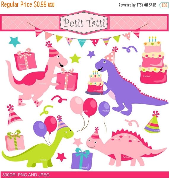 Download ON SALE birthday pink dinosaurs clip art, Dinosaur Digital clip art, Dino clip art, girl ...