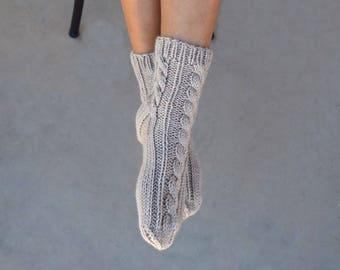 Hand knit socks cable knit socks bed socks dream beige neutral color cottage chic womens socks gift for her handmade Mothers Day warm socks