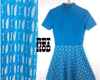 Vintage 60s 70s Dark Turquoise Polyester Scooter Dress with Double Knit Geometric Pattern