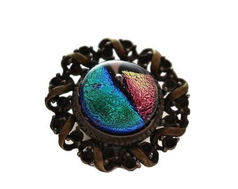 Dichroic Fused Glass Ring/ Vintage Brass Ring/ Fused Glass Ring/ Pink and Teal Ring