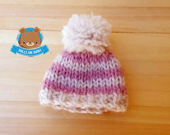 Striped pom pom hat for Lati White, Pukipuki, Petite Blythe, Mini Dal, Mini Pullip, 3-5 inches heads