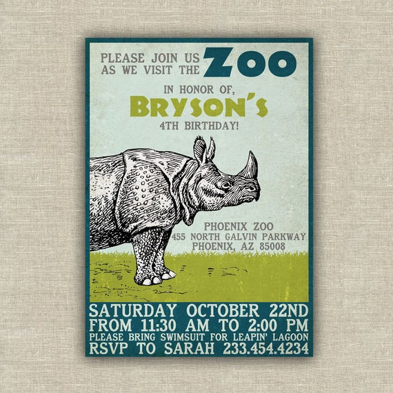 Zoo birthday party invitation rhino kids birthday party