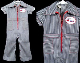 Vintage CHILDREN'S ENGINEER SUIT Outfit Jumpsuit Train Choo Choo Striped Denim