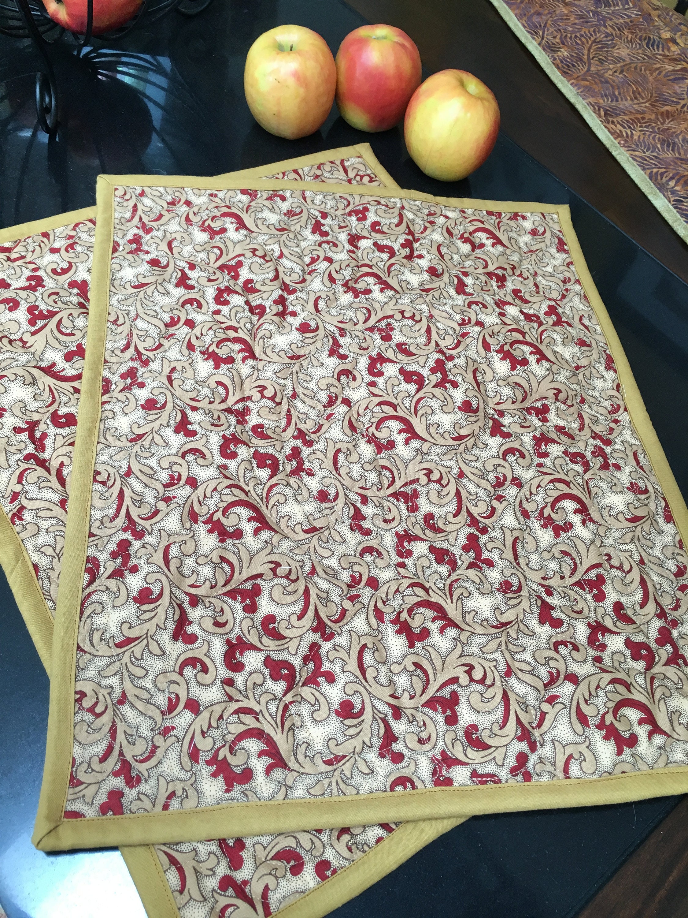 2 Quilted Table Mats Placemats Baroque Burgundy and Gold