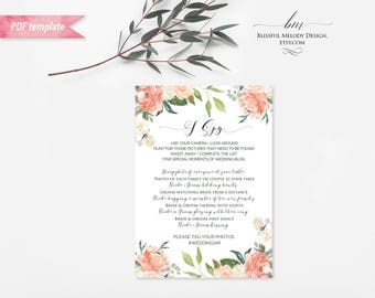 Printable Peach Cream Floral I Spy Wedding Game Card, Editable 5x7 PDF, Wedding Reception Activities Game, DIY Instant Download #02
