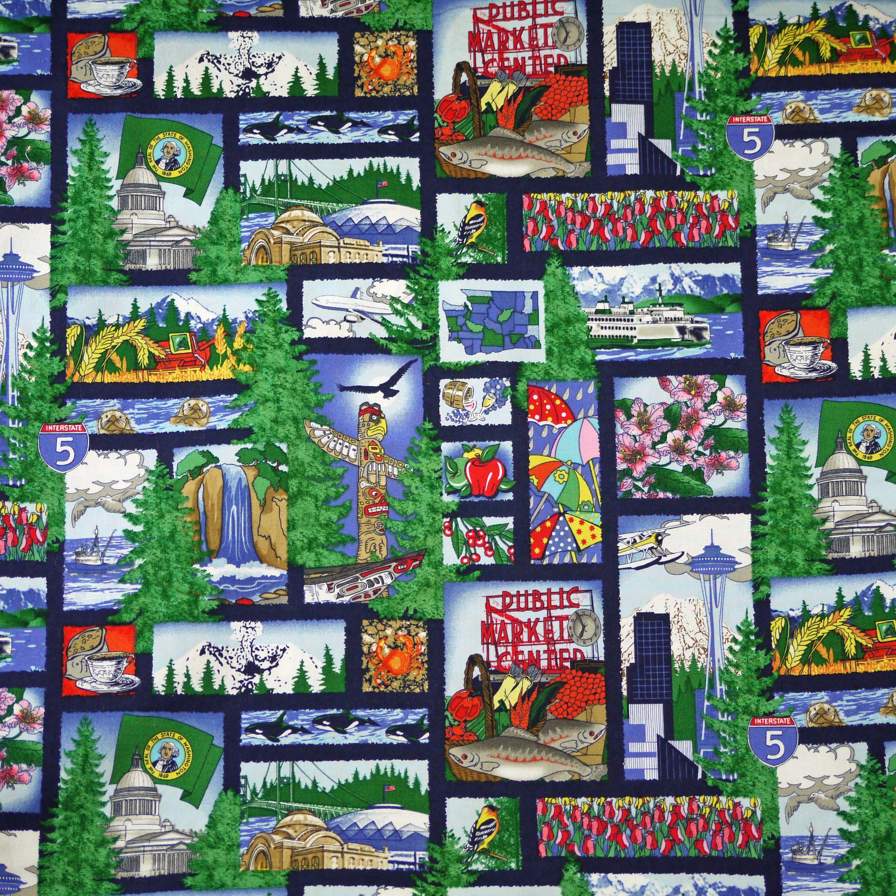 1/2 YARD, COTTON PRINT, Washington State, Quilting Fabric, Pacific, In