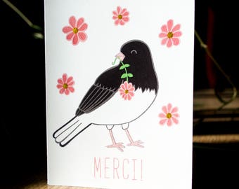 Carte de remerciement, carte de souhaits, carte de voeux, junco ardoisé, illustration oiseaux, illustration nature, merci, fait au québec