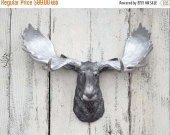 ON SALE Animal Head/ Antique Silver Moose Head /Faux Taxidermy Moose / Moose Wall Hanging / Moose Head / Moose Head Wall Bust