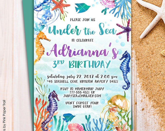 Under the Sea Mermaid Ocean Seahorse Starfish Corals Birthday Party Invitation Pool Party Printable Birthday Invitation