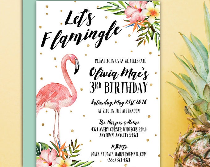 Let's Flamingle Pink Flamingo Birthday Party Invitation, Tropical Flamingo Hibiscus Floral Printable Birthday Invitation