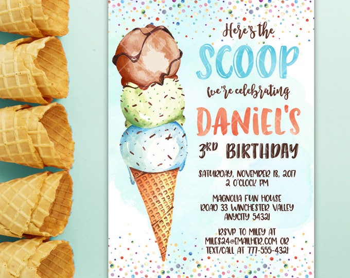 Ice Cream Boy Birthday Invitation, Creamery Sundae Here's the Scoop Ice Cream Party Summer Printable Invitation