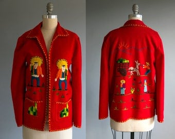 Vintage 1940's Mexican Souvenir Jacket / 40's Mexican Jacket / Wool Embroidery / Red Jacket , Women's Souvenir