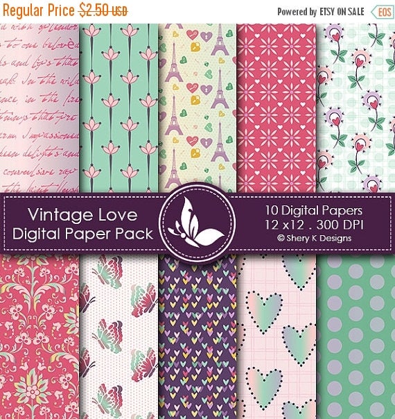 40% off Vintage Love Paper Pack 20 Printable Digital papers