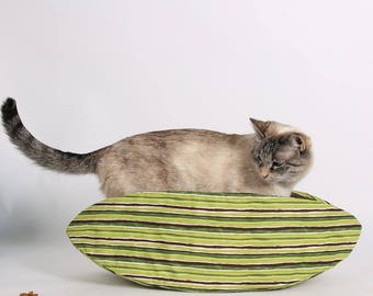 Cat Bed in Green Stripes fabric - the Cat Canoe modern pet bed