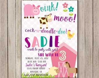 Girl Barnyard Birthday Invitation | Petting Zoo Invite | Girl Bday Invitations | Farm Animal Birthday Invites First Second Birthday | Bday