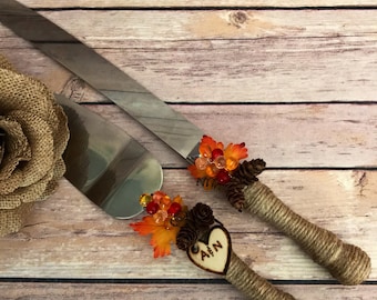 Fall Wedding/November Wedding cake knife set/Wedding Decoration/Rustic cake knife set/cake knife & server set/Fall Leaves and pinecone knife