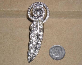Vintage Art Deco Era Feather Dress Clip With Clear Rhinestones Spiffy 1920's Jewelry 11239