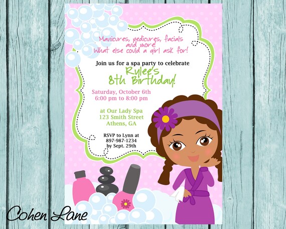 DIY Sassy Spa Party invitation. African American Little Girl Spa Party Invitation. Spa Birthday Invitation. Sleepover Invite. Il_570xn