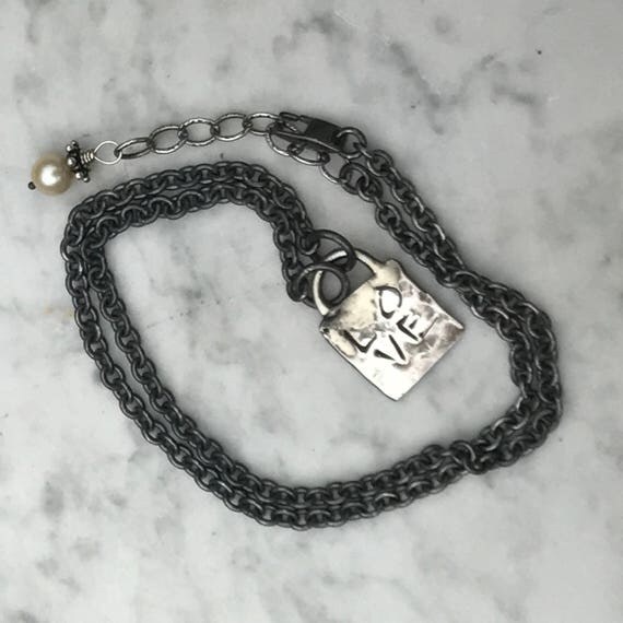 Oxidized Heavy Sterling Chain - Love Pendant Necklace - Raw - Urban Artisan - Sundance Style Jewelry