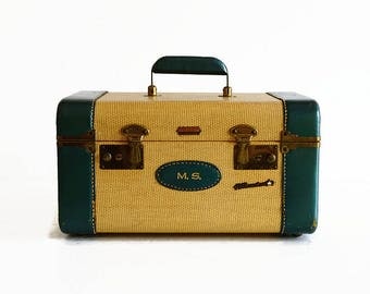 vintage tweed train makeup case with key 1940s 1950s suitcase luggage