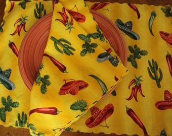 Tex Mex napkins, dinner napkins, rectangular napkiins, chili peppers, sombreros, cactus, picnic napkins