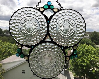 Stained Glass Panel|Vintage Bubble Plates|Vintage Plates in Triplicate|Beveled Glass|Glass Gems|Glass Art|Handcrafted|Made in USA