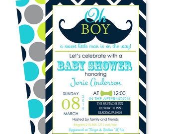 Little Man Baby Shower Invitation Mustache - Navy Chevron & Aqua - Dapper Party - Boys Sprinkle - Bow Tie Invites - Printable and Printing