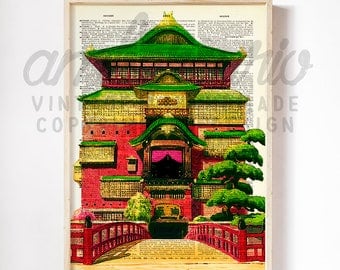 Studio Ghibli Animated Spirited Away Mythical Japanese Bathhouse Original Print on Unique Antique Upcycled Bookpage